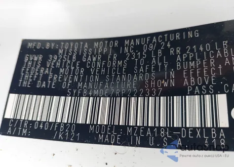 2024 Toyota Corolla Le from USA, damaged, VIN 5YFB4MDE7RP222337